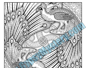 Single coloring page prancing peacocks mandala design download print color