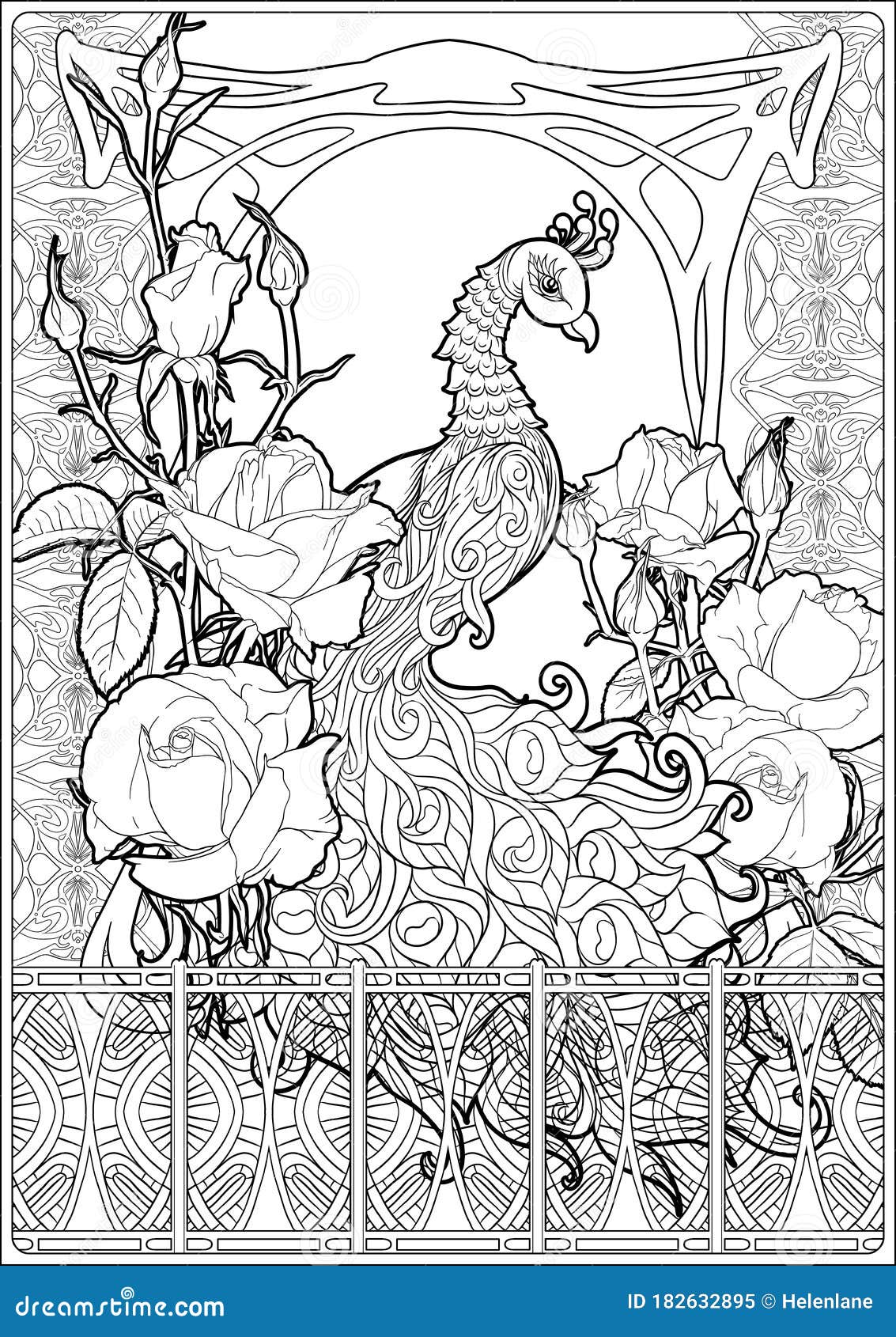 Poster with peacock and roses in art nouveau stock vector