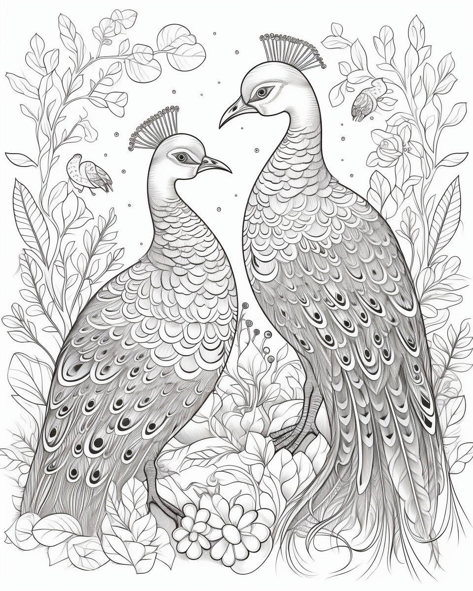 Peacocks in the woods coloring pages