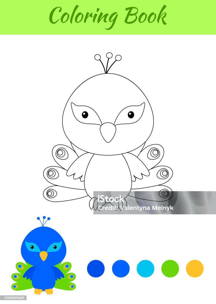 Coloring page happy little baby peacock printable coloring book for kids educational activity for kindergarten and preschool with cute animal flat cartoon colorful vector illustration stock illustration