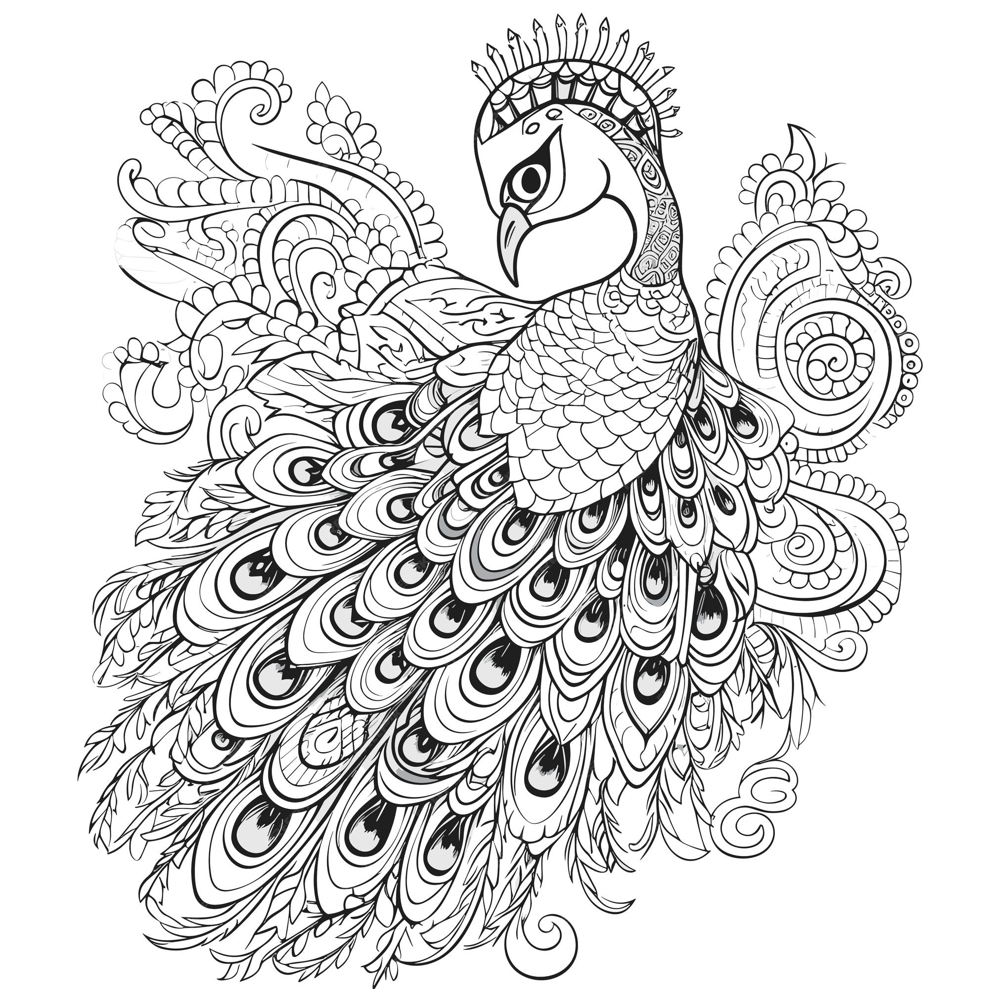 Premium vector hand drawn peacock outline illustration black and white coloring book or page for children
