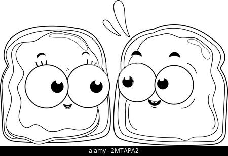 Cartoon slices of bread with peanut butter and jelly vector black and white coloring page stock vector image art