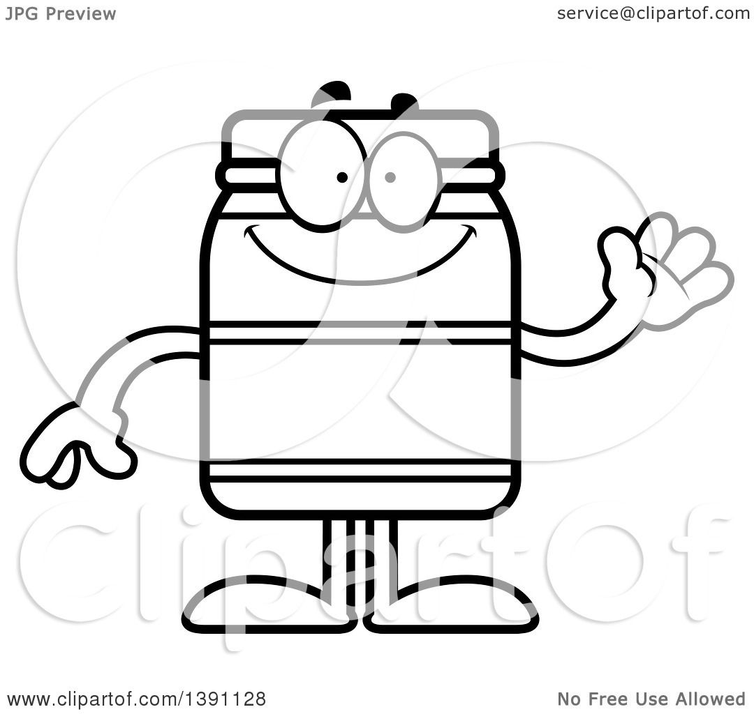 Clipart of a cartoon black and white lineart friendly waving jam jelly peanut butter or honey jar mascot character