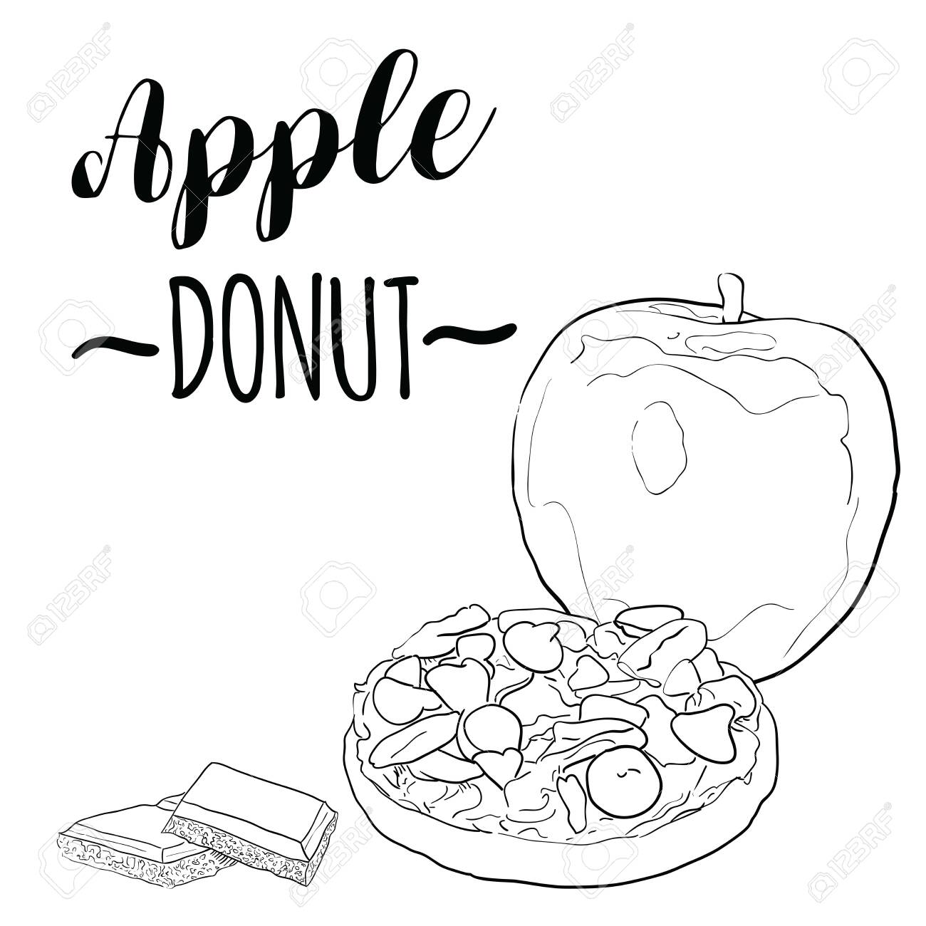 Hand drawn black and white apple fruit donut with peanut butter pecan almond and chocolate royalty free svg cliparts vectors and stock illustration image