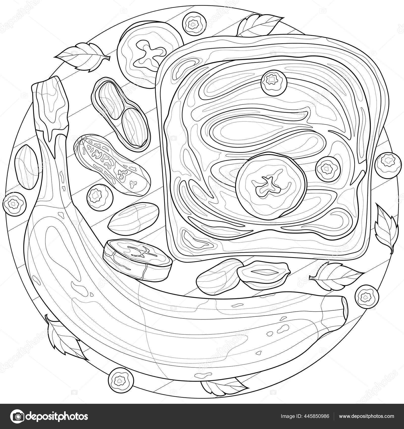 Toast peanut butter banana blueberries coloring book antistress children adults stock vector by vlasenkoekaterinkagmail