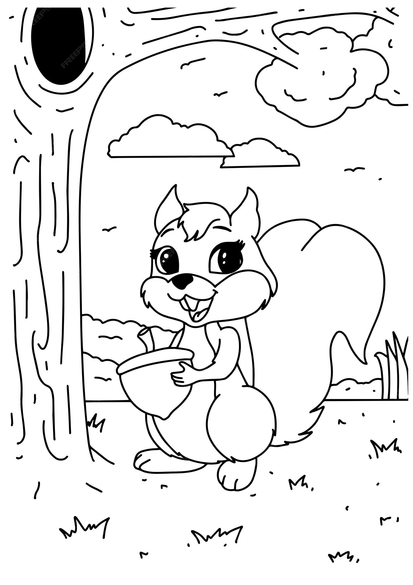 Premium vector children coloring book page squirrel and peanut in the forest
