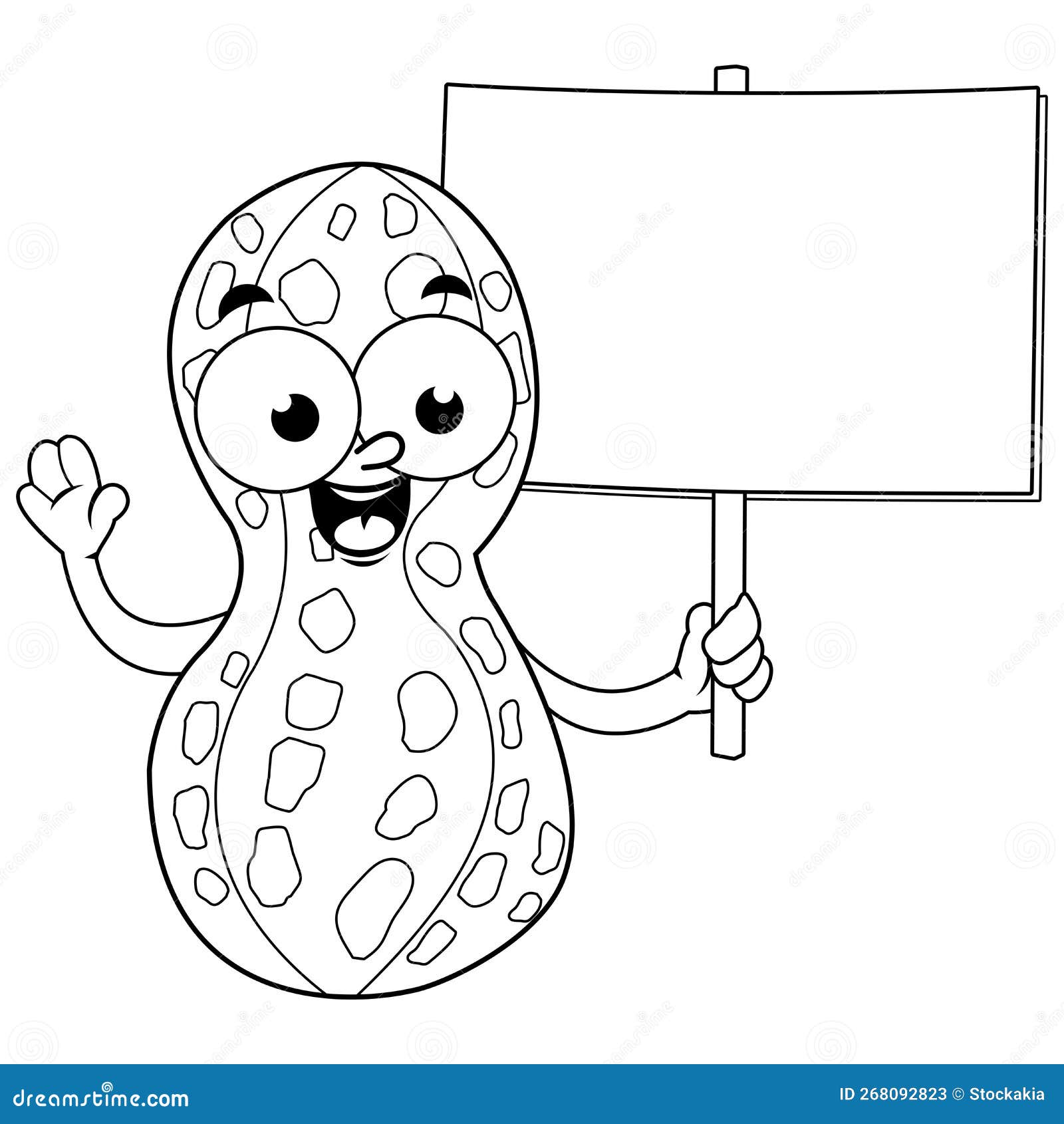 Cartoon peanut holding a blank sign vector black and white coloring page stock vector