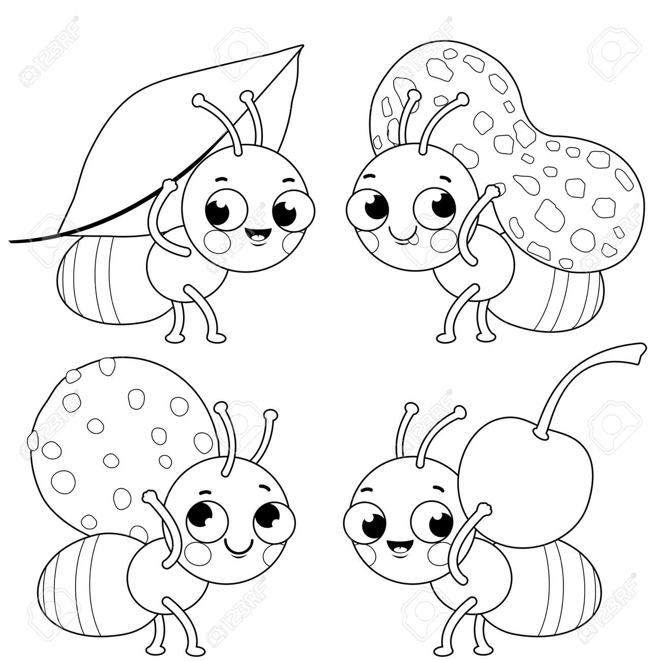 Cute ant workers carrying food a leaf a peanut a cookie and a cherry vector black and white coloring page royalty free svg cliparts vectors and stock illustration image