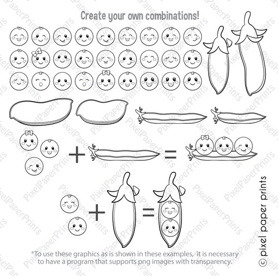 Peas in a pod clipart digital stamps line art graphics to create coloring pages worksheets crafts more png and jpg printable