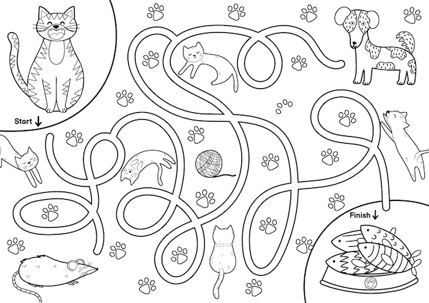 Juego de laberinto en blanco y negro para niãos ayuda al lindo gato a encontrar el camino hacia el pez actividad de laberinto imprimible para niãos vector premium