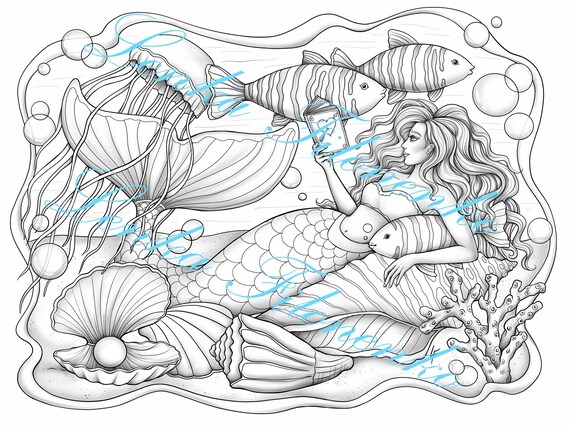 Pãgina para colorear escala de grises sirena descargar e imprimir en pdf mermay hermosa sirena con peces medusas y conchas