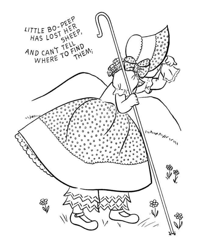 Little bo peep nursery rhymes lyrics text coloring page sheets
