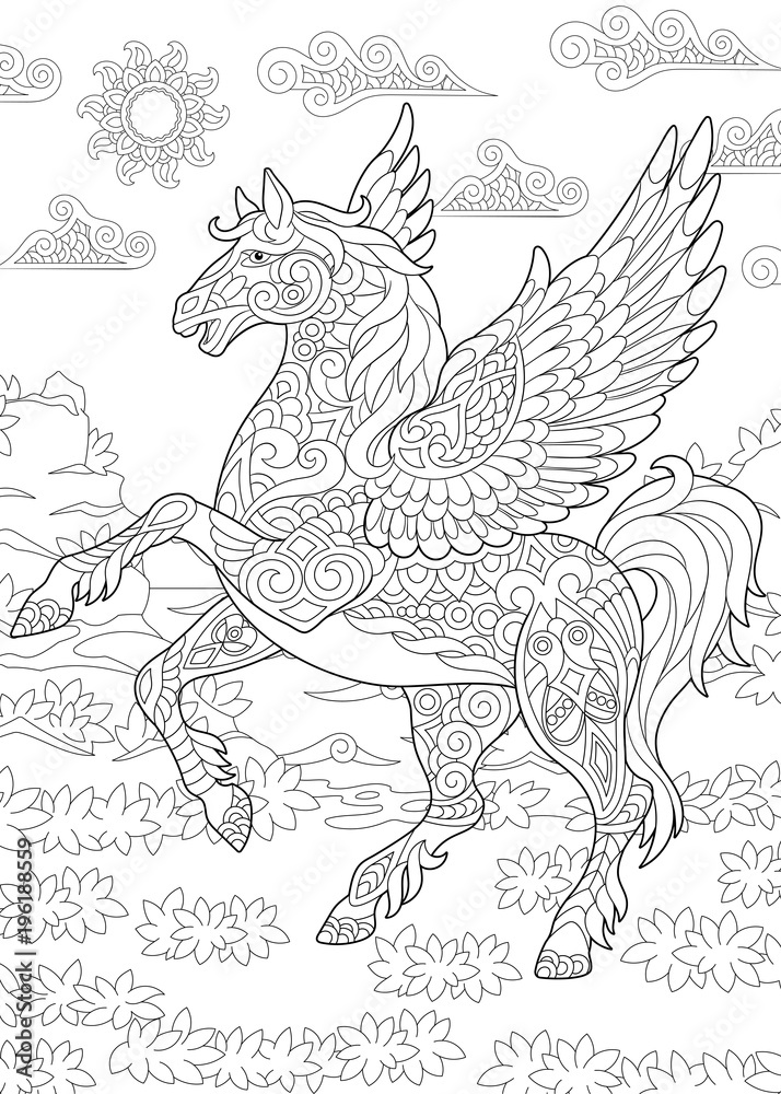Coloring page for adult colouring book pegasus