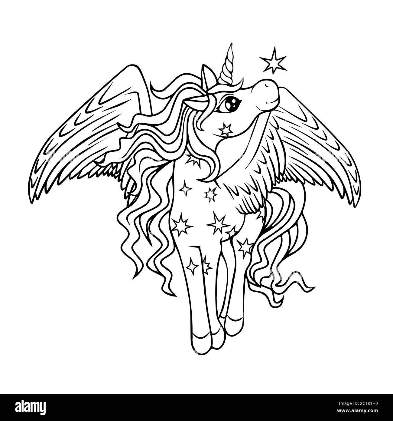 Cute magical winged unicorn with stars black outline coloring stock vector image art