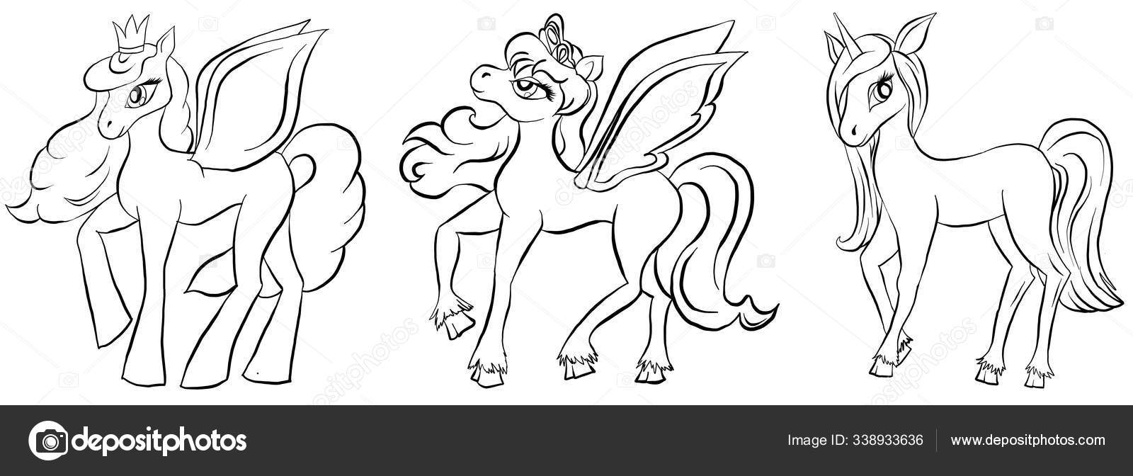 Vector set of coloring pony pegasus unicorn and pony set for coloring book for children pony outlines set stock vector by lindasq