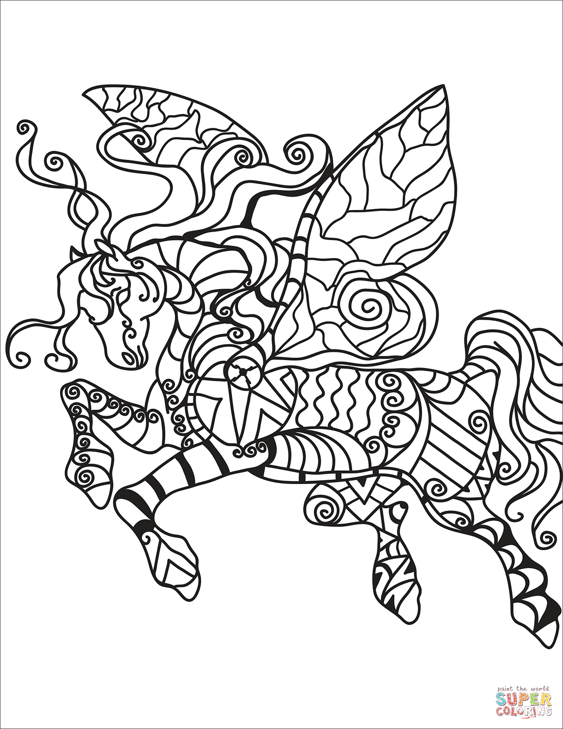 Pegasus zentangle coloring page free printable coloring pages