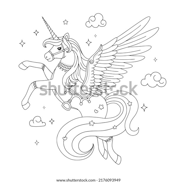Beautiful unicorn pegasus drawing coloring page stock vector royalty free