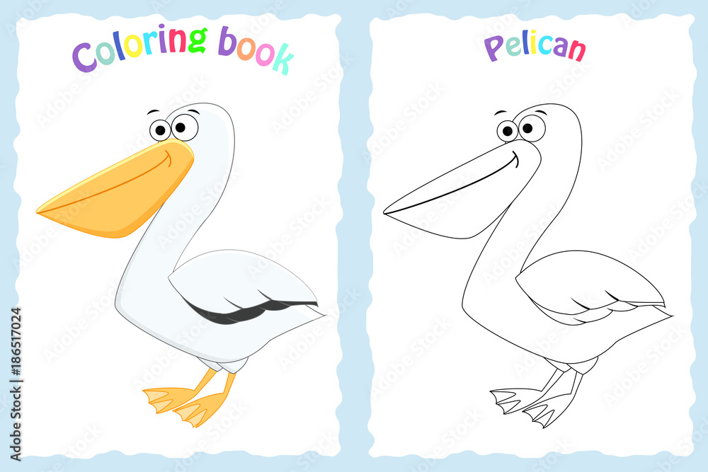 Coloring book page for preschool children with colorful pelican and sketch to color vector