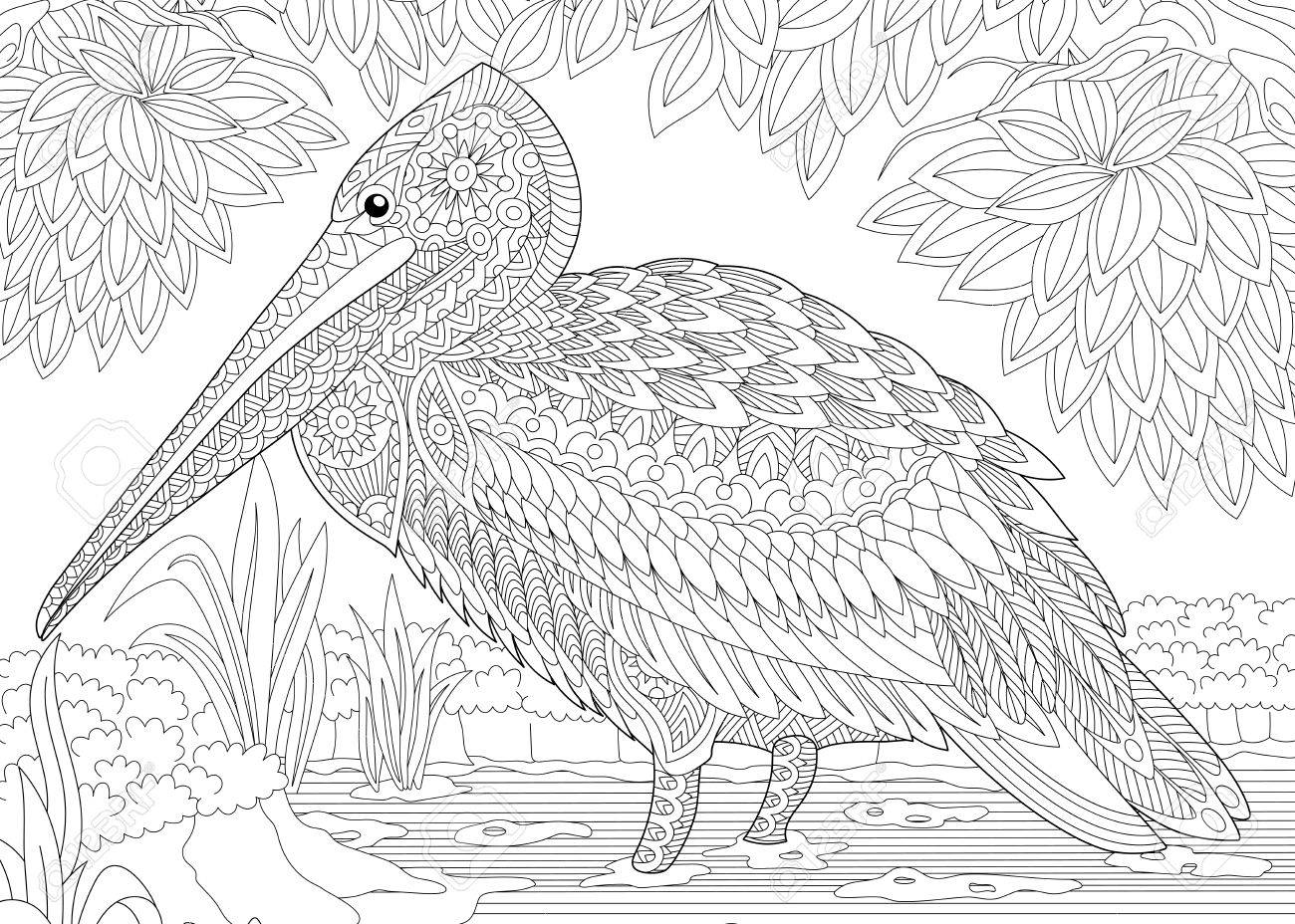 Stylized pelican bird among foliage freehand sketch for adult anti stress coloring book page with doodle and zentangle elements royalty free svg cliparts vectors and stock illustration image