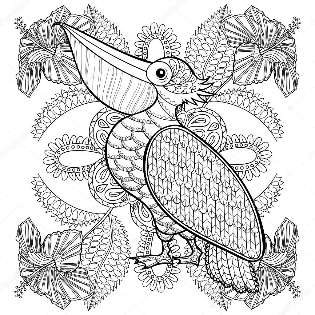 Coloring page with pelican in hibiskus flowers zentangle illust stock vector by ipanki