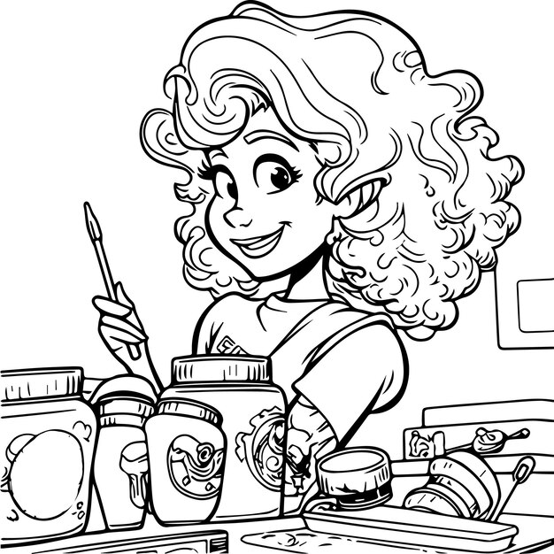 Premium vector cute girl with coloring pen coloring book page vector illustration