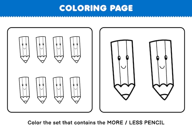 Premium vector education game for children coloring page more or less picture of cute cartoon pencil line art set printable tool worksheet