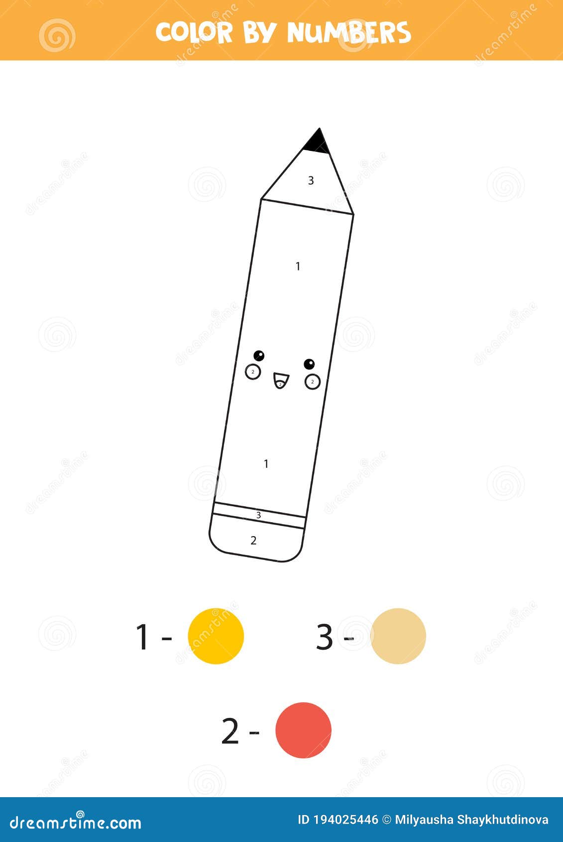 Coloring page with cute kawaii pencil by numbers stock vector