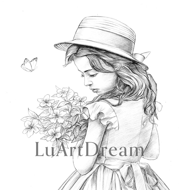 Girl with a hat adult coloring page printable coloring page jpg pencil drawing coloring page