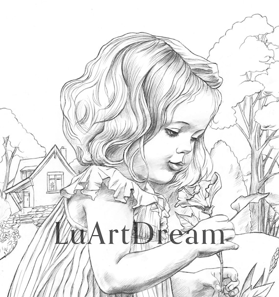 Girl with the flower adult coloring page printable coloring page jpg pencil drawing coloring page