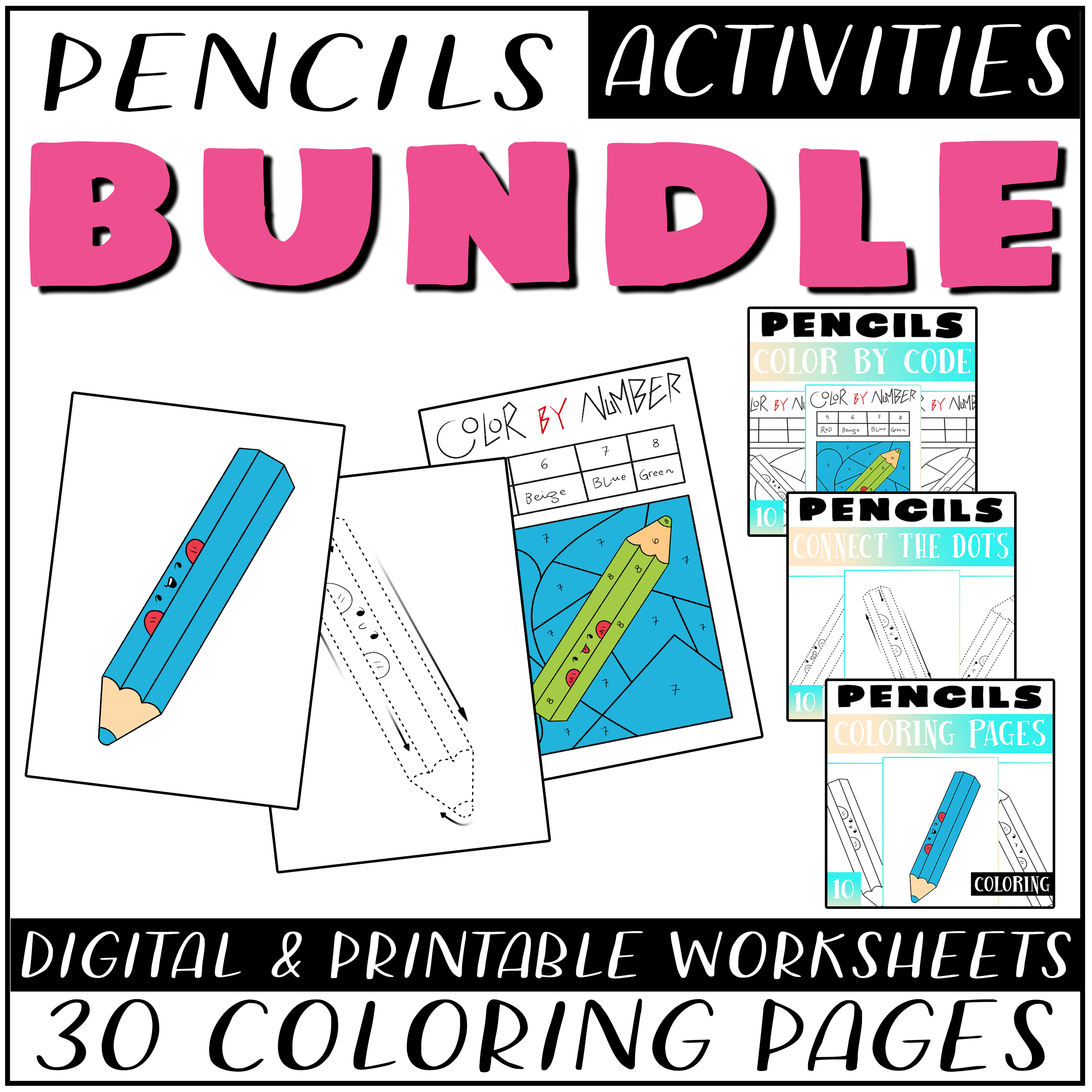 Pencils activity bundle coloring page color by number dot to dot morning work made by teachers