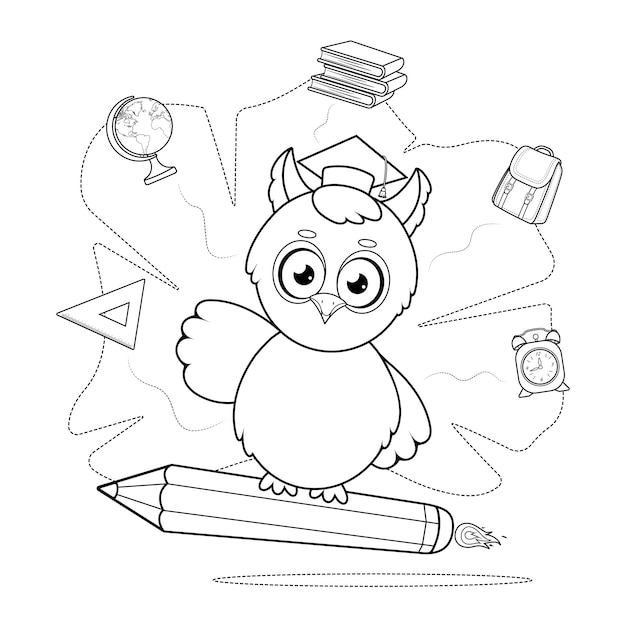 Premium vector coloring page smart cartoon owl flying on a pencil