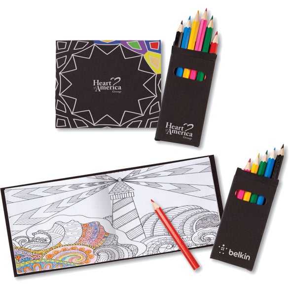 Advertising adult coloring book and color pencil set to