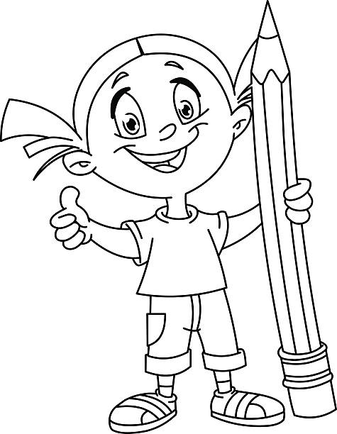 Coloring page outline of a cartoon girl with pencil stock illustrations royalty