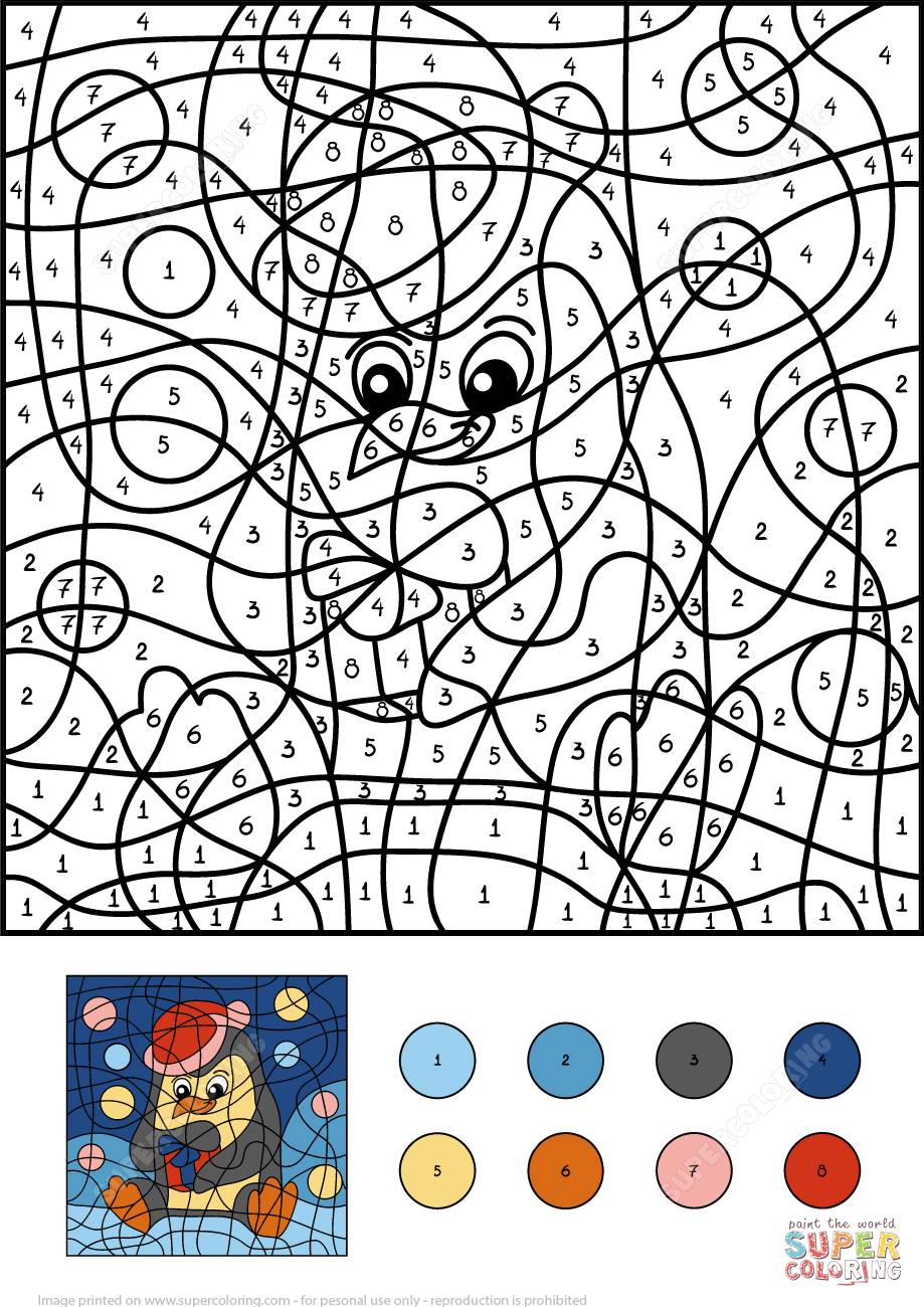 Penguin color by number free printable coloring pages