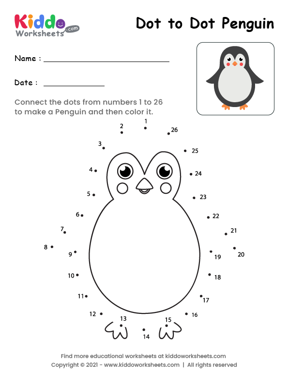 Free printable dot to dot penguin worksheet