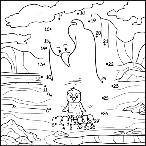 Penguin mom with baby dot to dot free printable coloring pages