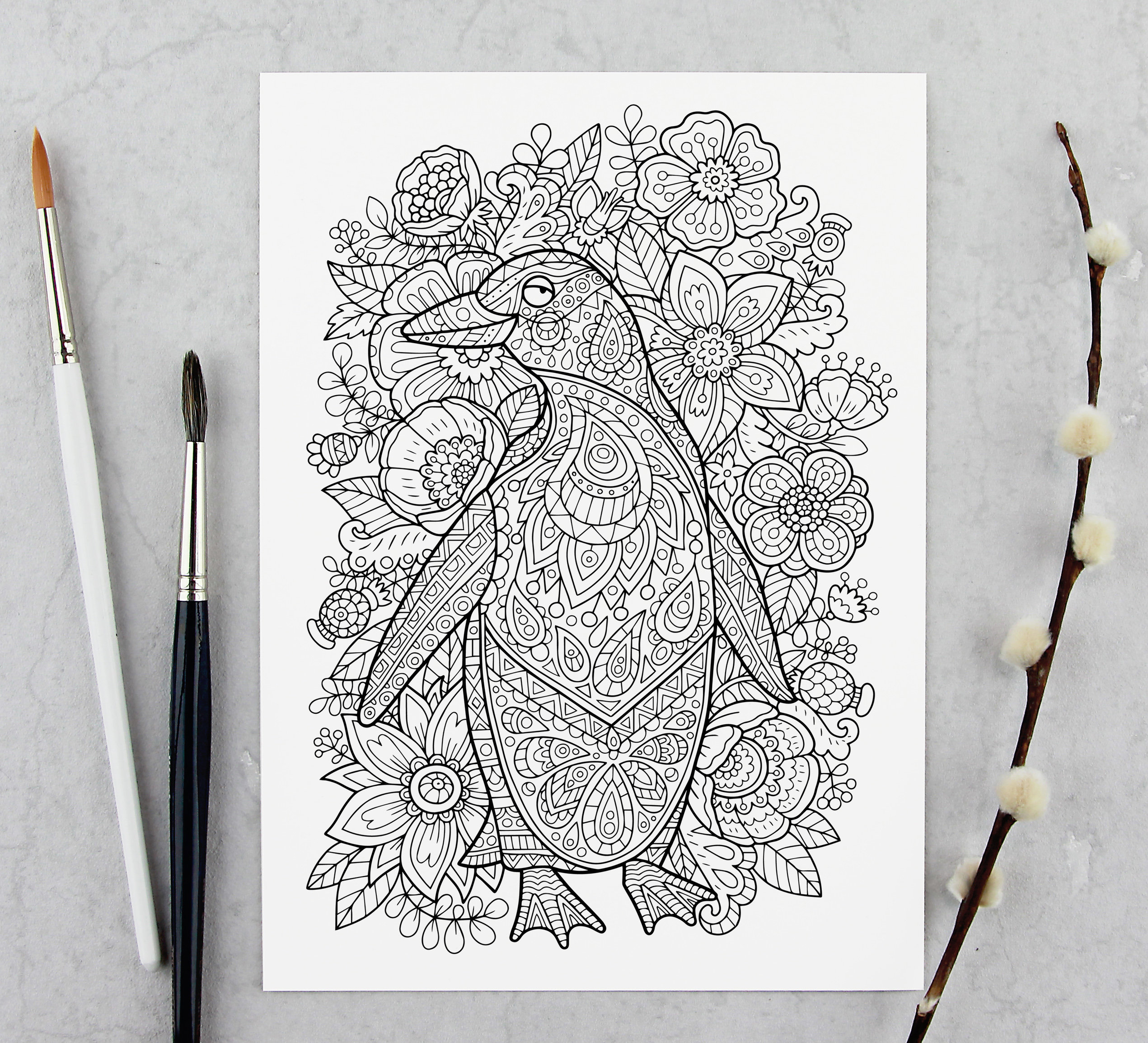 Adult coloring page penguin doodle art diy coloring poster printable pdf instant download