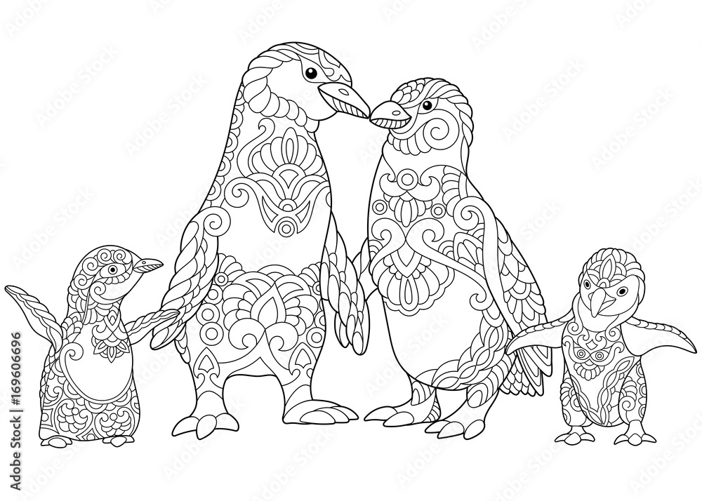 Coloring page of emperor penguins family isolated on white background freehand sketch drawing for adult antistress coloring book in zentangle style vector