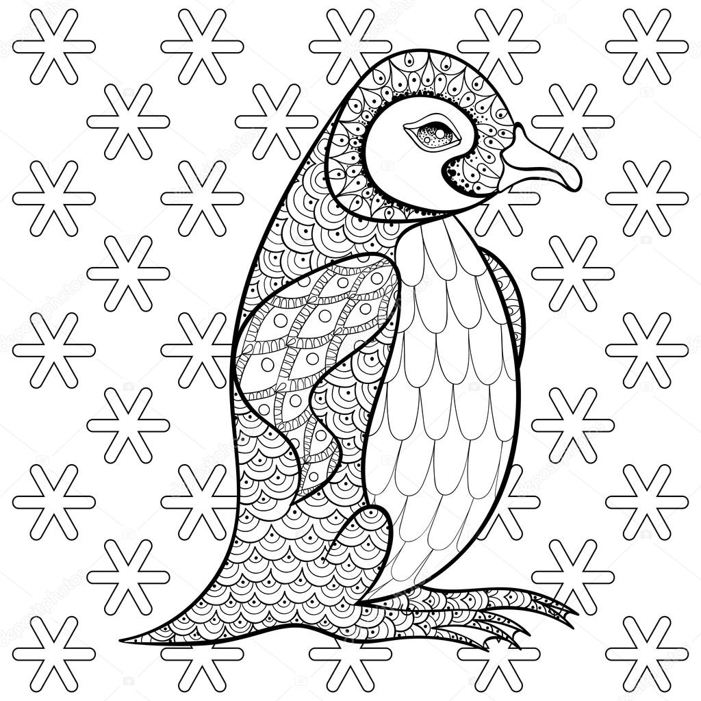 Coloring pages with king penguin among snowflakes zentangle ill stock vector by ipanki