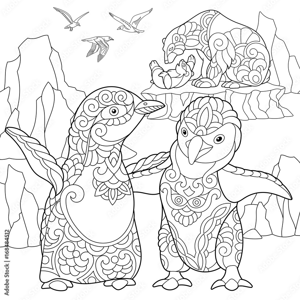 Coloring page of emperor penguins polar bears and seagulls freehand sketch drawing for adult antistress coloring book in zentangle style vector