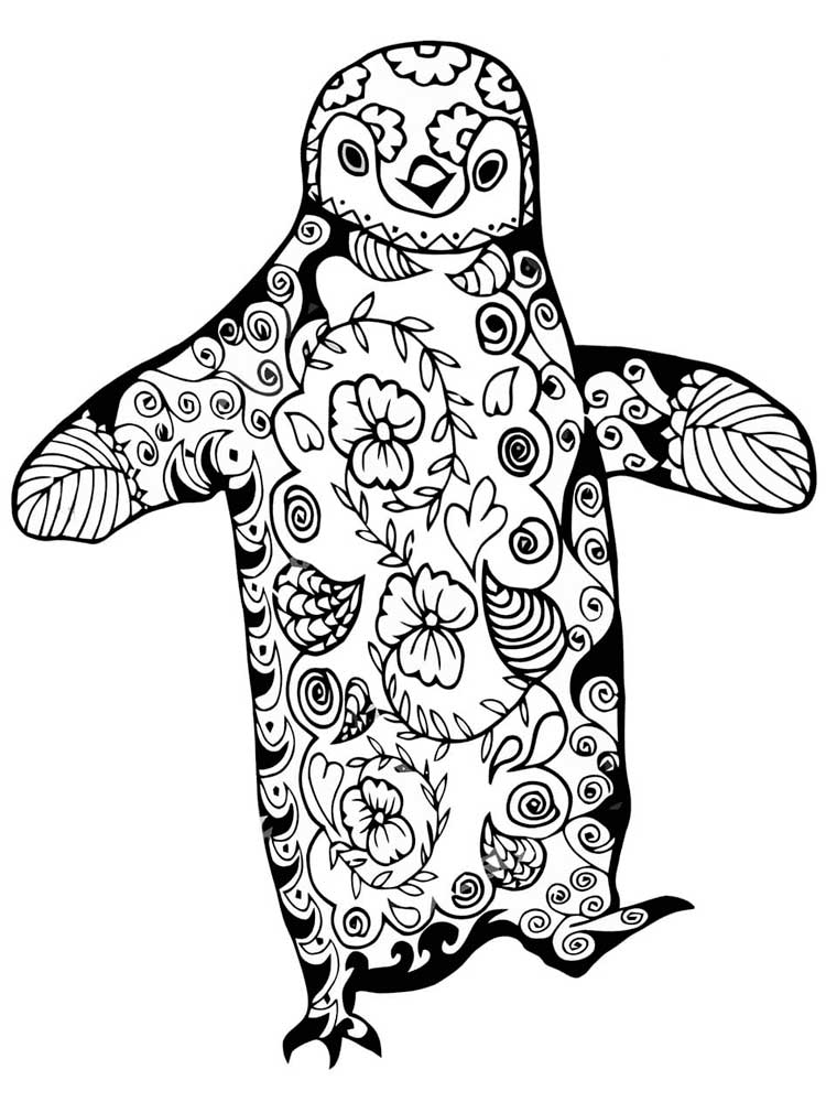 Beautiful mandala of a walking penguin coloring page