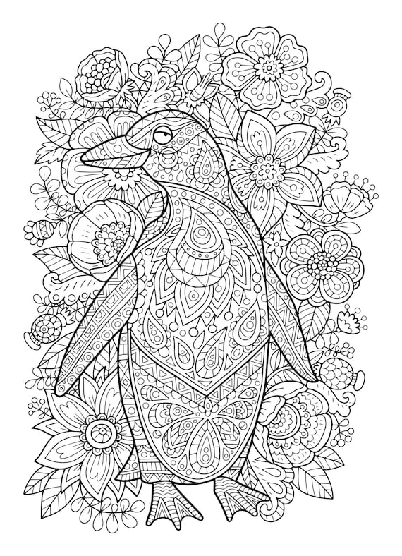Adult coloring page penguin doodle art diy coloring poster printable pdf instant download