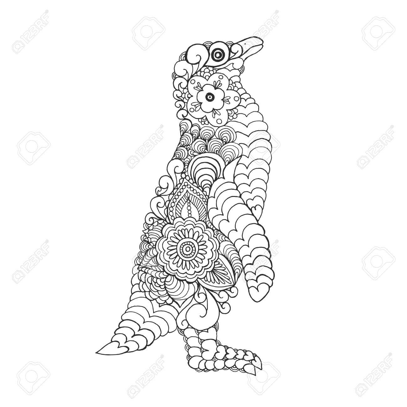 Stylized cute penguin adult antistress coloring page black white hand drawn doodle animal ethnic patterned vector african indian totem tribal design sketch for tattoo poster print t