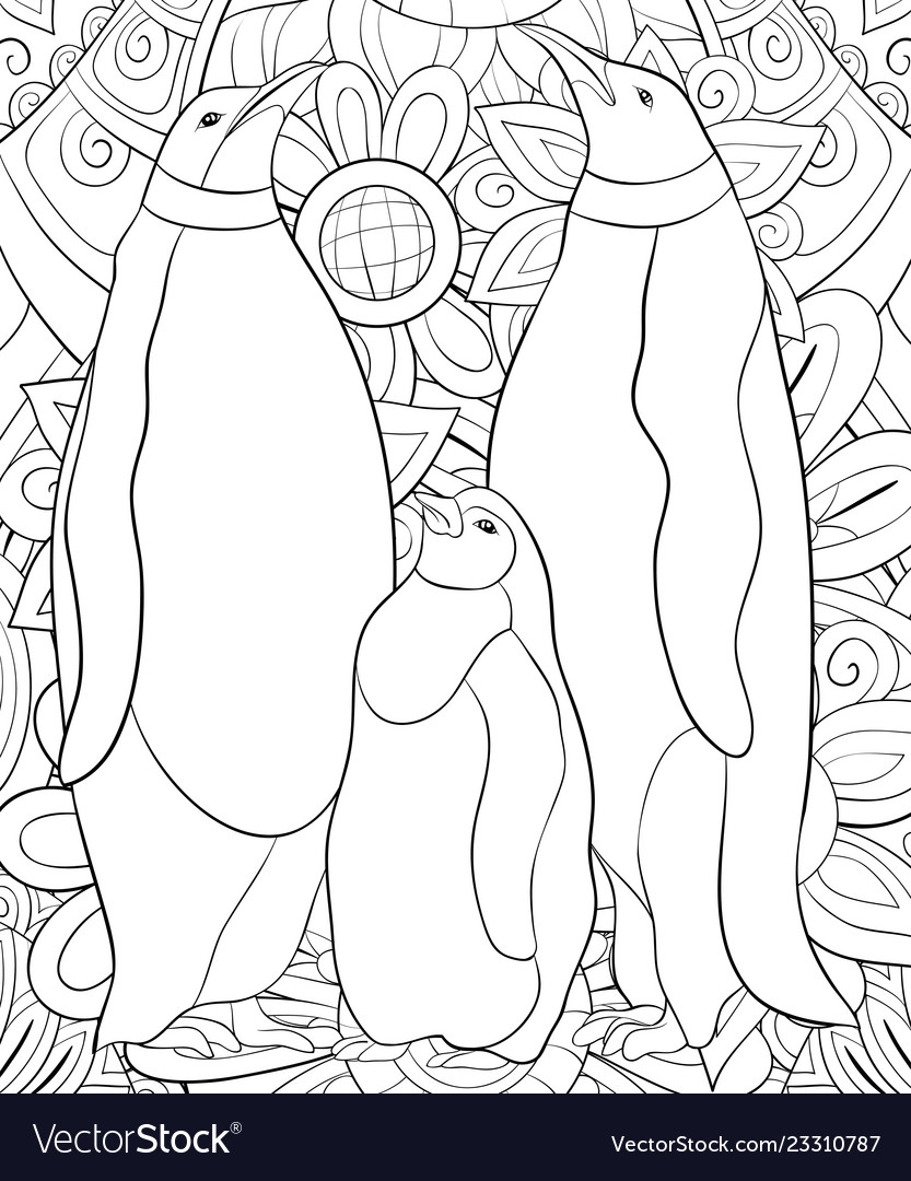 Adult coloring bookpage a family of penguins vector image