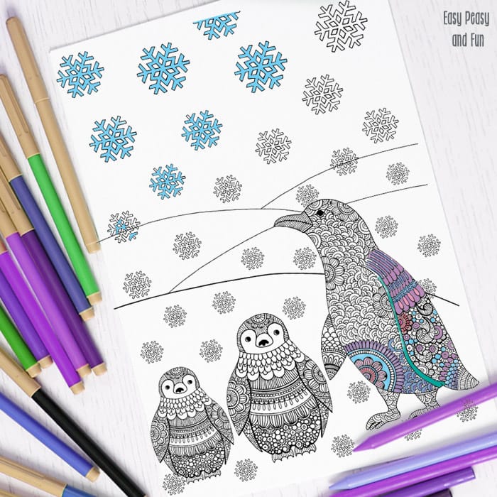 Penguins winter coloring page for adults