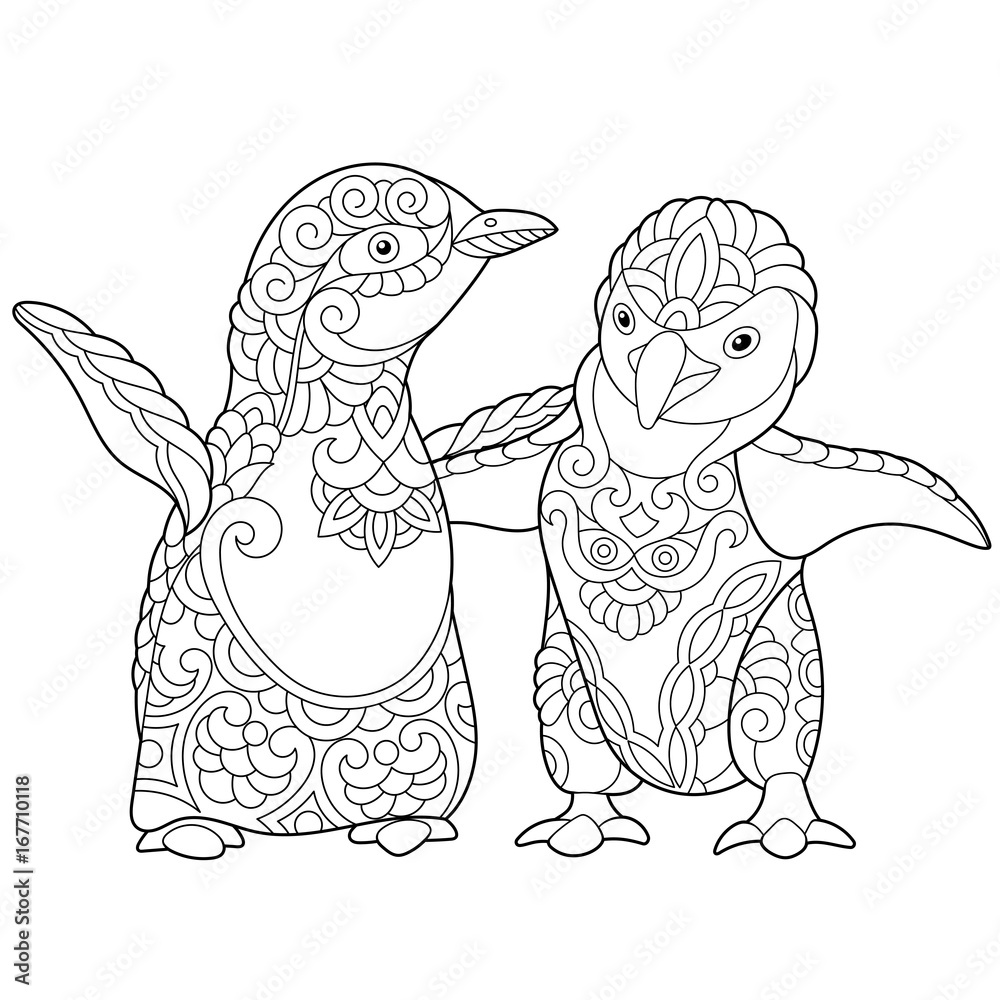 Coloring page of young emperor penguins isolated on white background freehand sketch drawing for adult antistress colouring book with doodle and zentangle elements vector