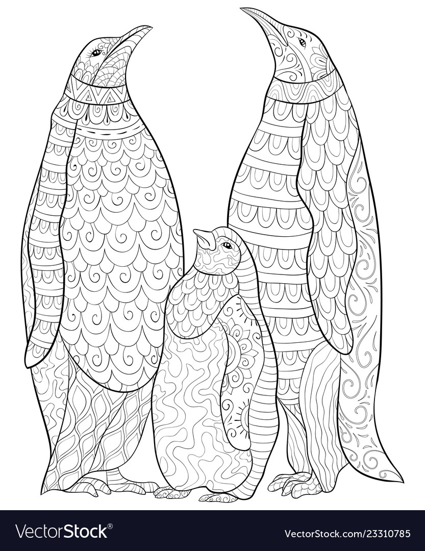 Adult coloring bookpage a family of penguins vector image