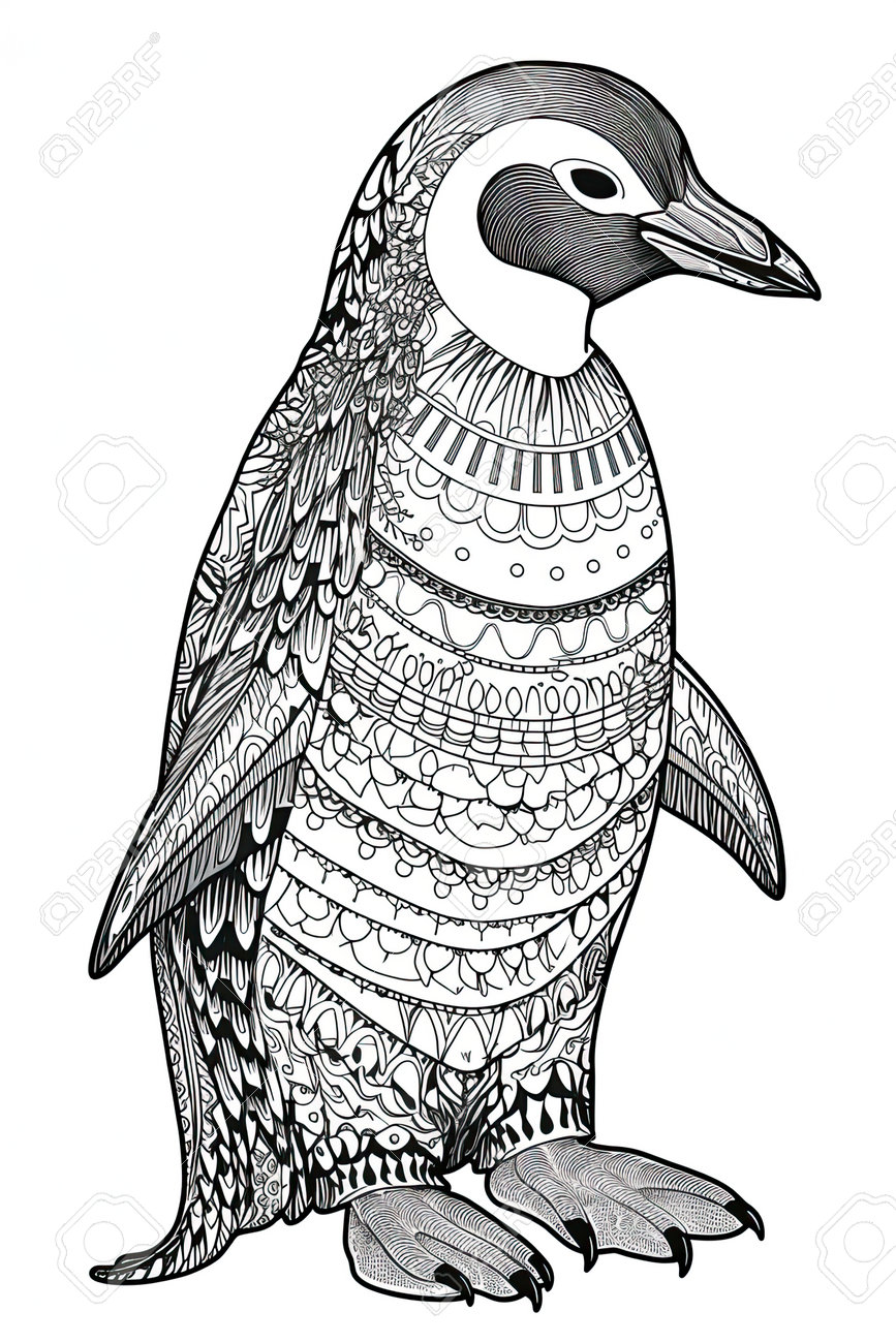 Hand drawn penguin vector illustration for adult coloring pages black and white stock photo picture and royalty free image image