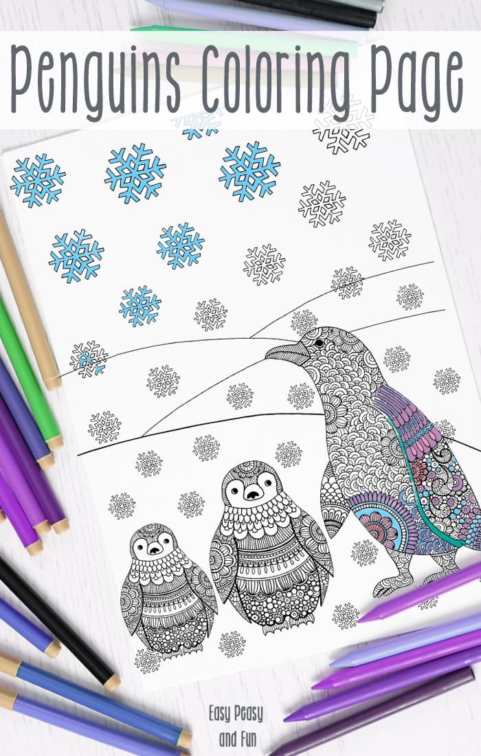 Penguins winter coloring page for adults