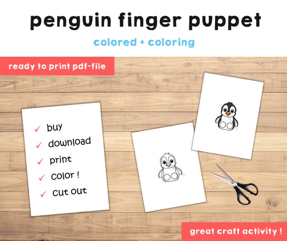 Penguin paper craft printable finger puppet template kids craft activity animal birthday party coloring paper print out instant download download now